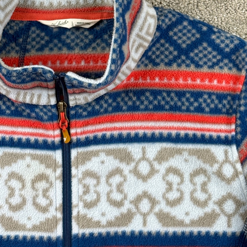 Woolrich Womens L Fair Isle Geometric Fleece Jacket Full Zip Blue Red Gorpcore